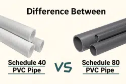 Three light gray Schedule 40 PVC pipes on the left and three dark gray Schedule 80 PVC pipes on the right, with text comparing the two types.