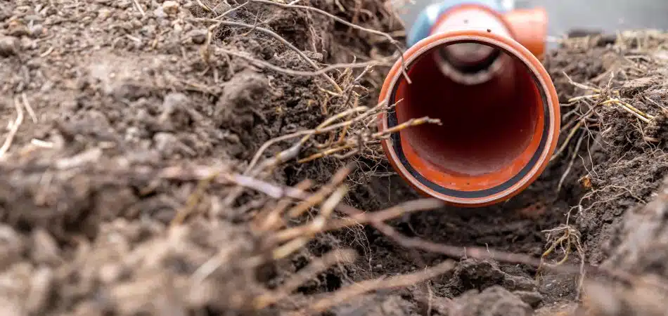 Close-up of an exposed orange drainage pipe surrounded by soil and roots, likely part of an outdoor plumbing or construction project.