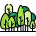 Illustration of a group of green trees with varying shades and sizes, representing a forest or woodland area.