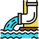 Illustration of a pipe releasing blue water into a wavy surface, suggesting drainage or pollution.