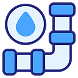 A blue and white icon of a water droplet above a section of pipe with an elbow joint.