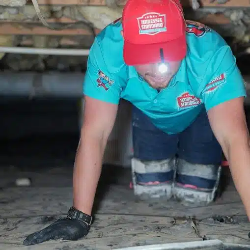 A person wearing knee pads, gloves, and a headlamp crawls through a dimly lit crawl space with exposed insulation and pipes, conducting a thorough plumbing inspection.
