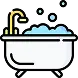 Illustration of a white bathtub with blue bubbles, a yellow faucet