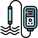 Illustration of a water-testing device with a probe connected to a handheld digital meter displaying wavy lines, indicating measurement of water quality.