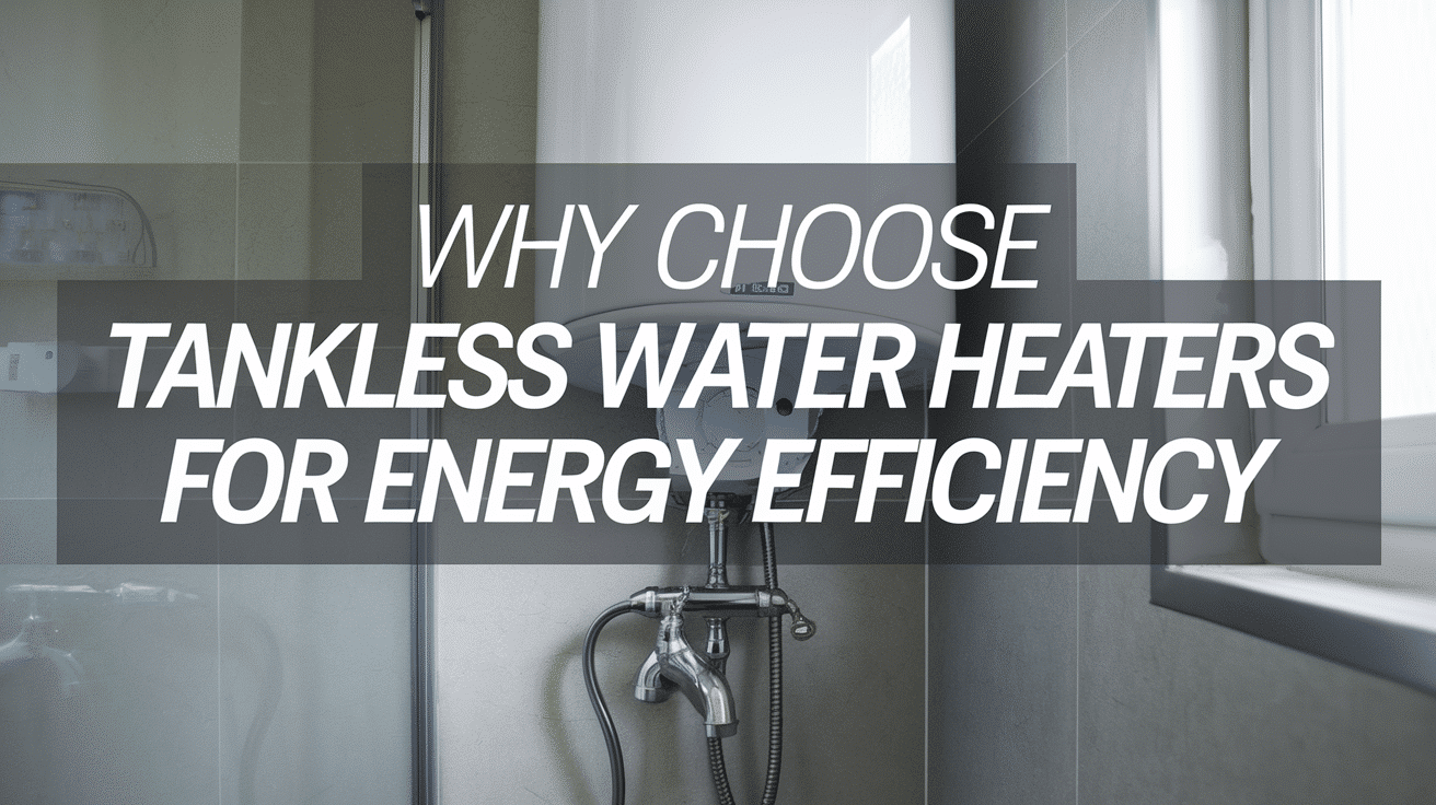A photo of a tankless water heater with the text "Why Choose Tankless Water Heaters for Energy Efficiency"