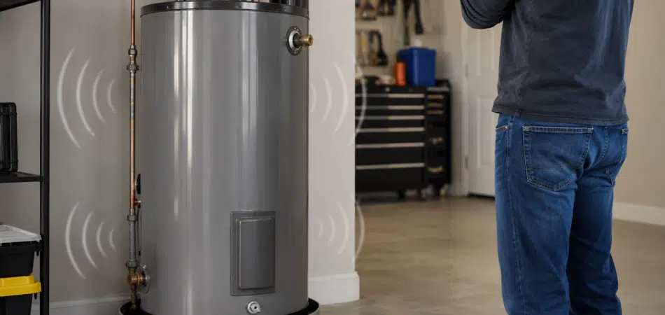 a residential water heater tank in a garage