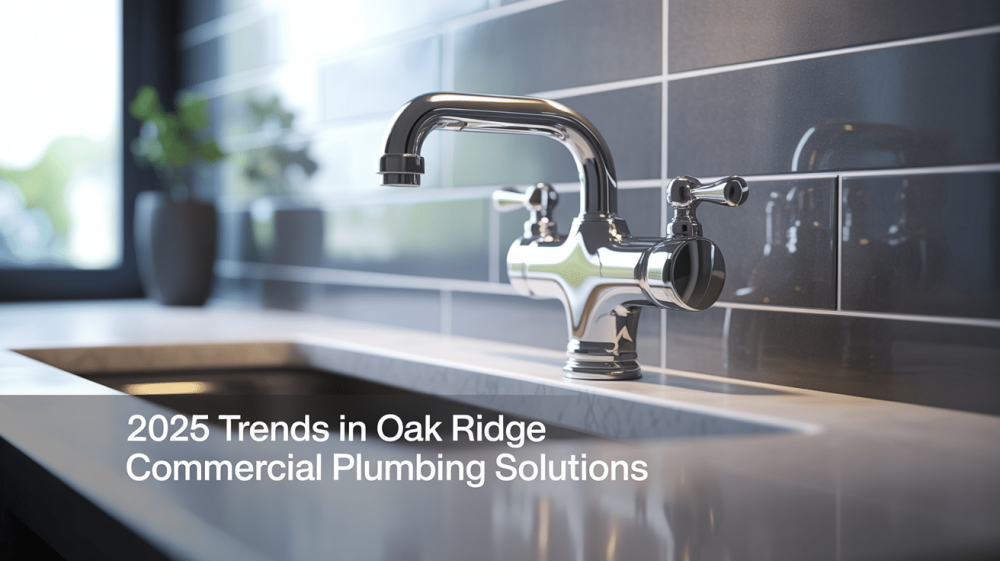 Modern chrome faucet and sink in a commercial kitchen with a gray tile backsplash, highlighting the text "2025 Trends Commercial Plumbing Solutions in Oak Ridge.