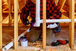 A person in a plaid shirt applies purple primer to PVC pipes inside a wooden framed structure, surrounded by tools and fittings—capturing a hands-on moment of plumbing renovation in Knoxville.