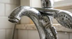 bathroom faucet and showerhead with visible white mineral scale and hard water spots