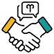 Two hands shaking, one with a yellow sleeve and the other with a teal sleeve, with a speech bubble containing the Aries zodiac symbol above them.