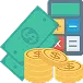 Stacks of paper money and coins are shown next to a calculator.