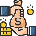Illustration of one hand passing a money bag with a dollar sign to another hand, with coins scattered around.