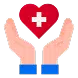 Two hands with blue cuffs hold up a red heart featuring a white medical cross in the center.