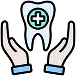Two hands surround a tooth with a blue medical cross symbol in the center, representing dental care or oral health protection.