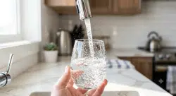 clear glass being filled with clean, sparkling water from a kitchen faucet