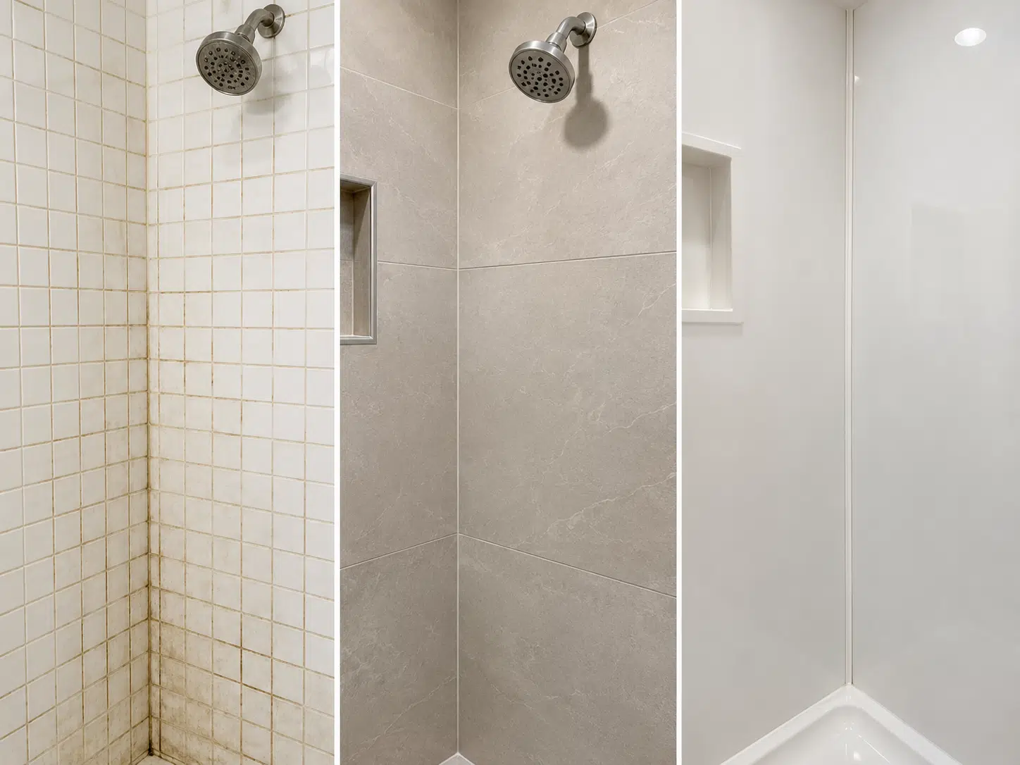 close-up comparison grid showing three different grout and seam scenarios side by side