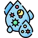 Two blue water droplets containing various illustrated germs and bacteria, depicted with colored circular and spiky shapes inside the drops.
