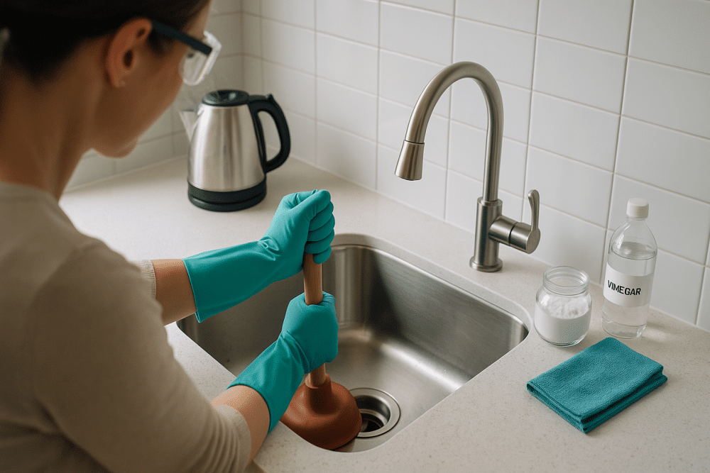 gloved homeowner hands plunging a stainless steel kitchen sink