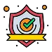 Icon of a red shield with a circular orange center, featuring a green checkmark. A yellow banner below suggests security and protection.