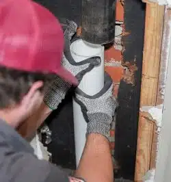 Person wearing gloves and a red hat installs or adjusts a white PVC pipe inside a wall with exposed brick and wood framing.