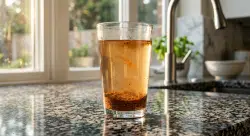 drinking glass filled with discolored rusty hot water
