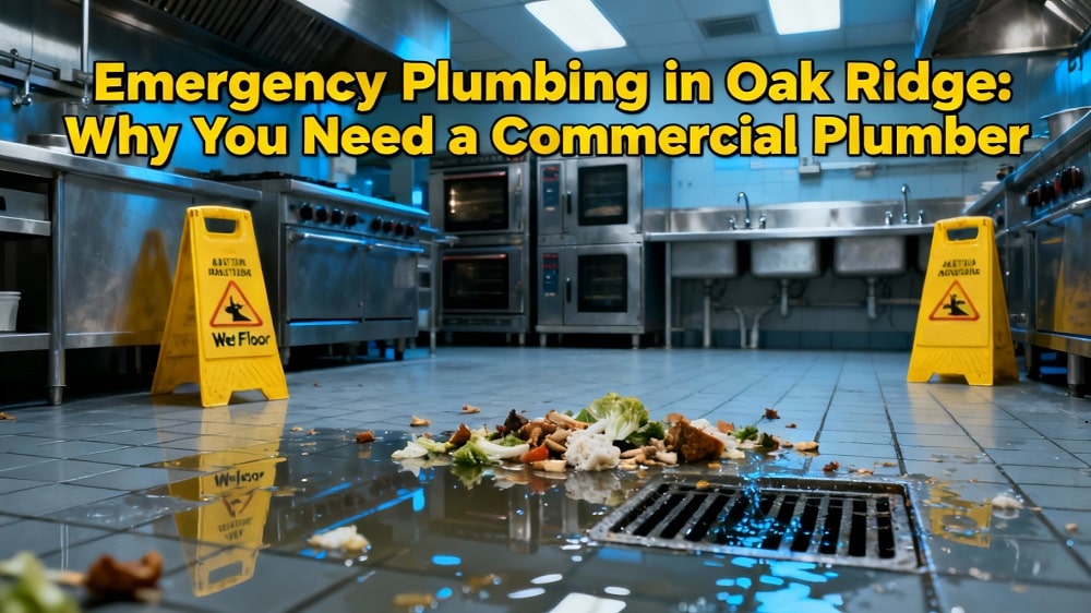 A commercial kitchen with food debris and water on the floor, caution wet floor signs, and the text "Emergency Plumbing in Oak Ridge: Why You Need a Commercial Plumber" highlights urgent safety concerns.