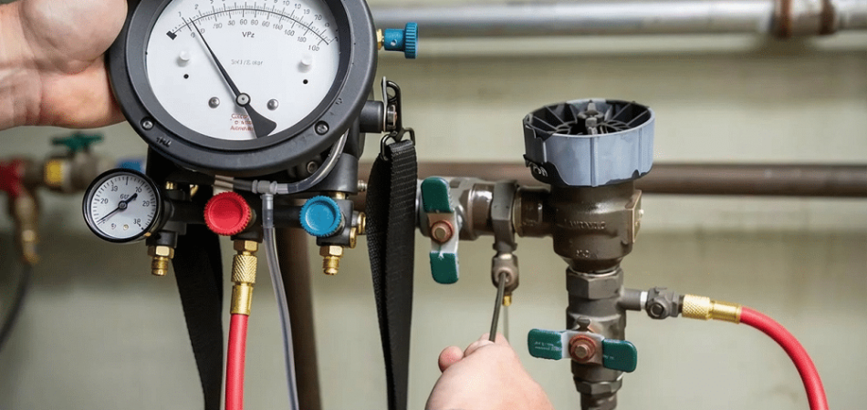 A person uses a pressure gauge to check or adjust a valve on a pipe system, with red and blue hoses attached to the equipment during backflow prevention testing.