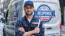 man standing behind a van ready to fix plumbing issues