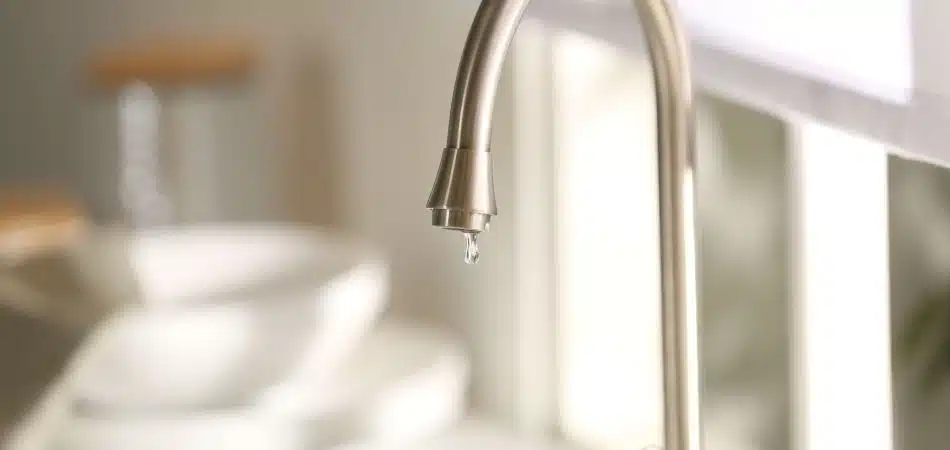 A close-up of a kitchen faucet with a single water droplet about to fall, with blurred dishes and sunlight in the background.