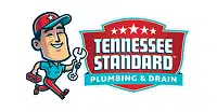Logo for Tennessee Standard Plumbing & Drain, featuring a cartoon plumber holding a wrench and toolbox, next to a red and blue shield with stars and company name text.