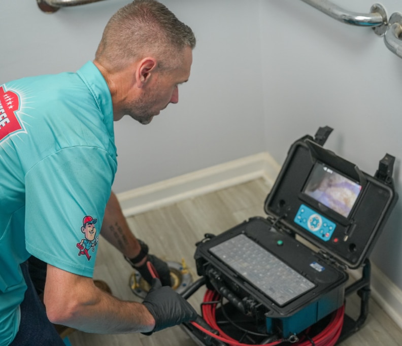 A technician uses a sewer inspection video camera system to check pipes in a bathroom, watching the monitor for internal pipe footage.