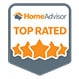 HomeAdvisor Top Rated badge with four orange stars and the HomeAdvisor logo at the top.