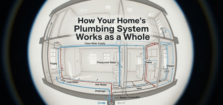 Diagram of a house showing how home’s plumbing system works, including supply and drainage pipes, clean water supply, pressurized water, and main sewer connection.