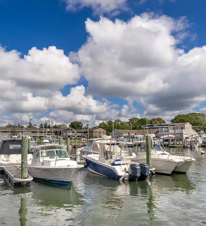 Boats docked at a marina under a bright blue sky with fluffy clouds in Lenoir City