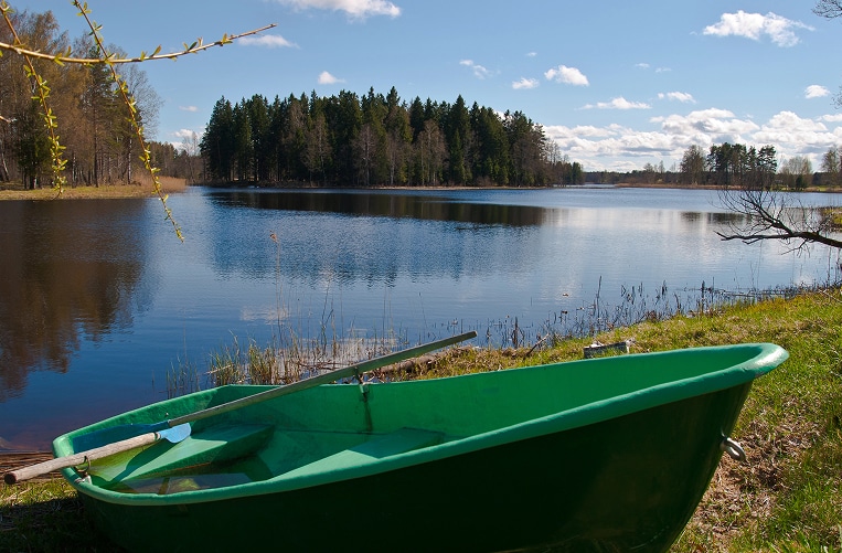 A green rowboat with oars rests on the grassy shore of a calm lake, surrounded by trees under a partly cloudy sky.