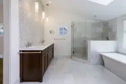 modern walk-in showers with dark wood vanity