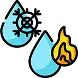 Two blue water droplets, one with a snowflake symbol representing cold and the other with a flame symbol representing heat.