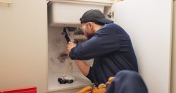 Plumber, man and tools for pipeline in kitchen with home maintenance service and fixing leak by sin.