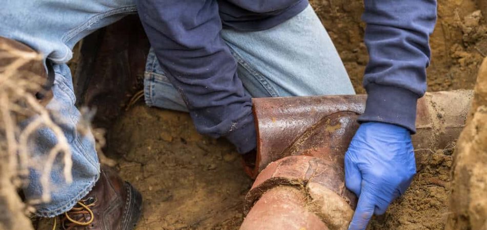 plumber man digging out clogged sewer line