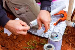 Person applying adhesive to a PVC pipe joint using a brush, with tools and open cans of glue beside them on the ground during a plumbing renovation in Knoxville.