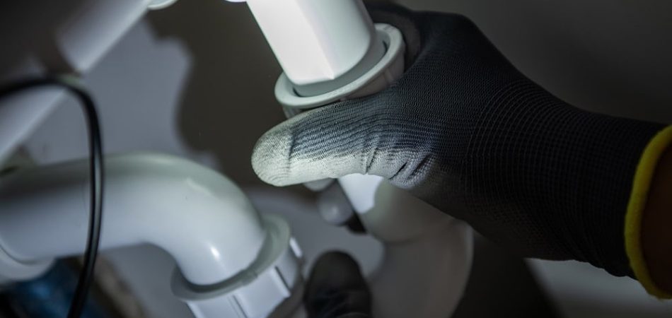A person wearing dark gloves is installing a kitchen sink drain, tightening a white plastic pipe under a sink and focusing light on the plumbing connection.