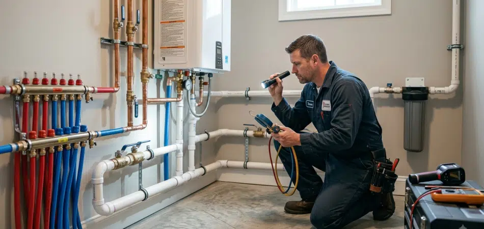 plumbing system with organized PEX water lines, PVC drain pipes, modern shutoff valves, a high-efficiency water heater, and professionally installed fixtures.
