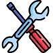 A blue wrench crossed with a red screwdriver creating a sharp contrast icon