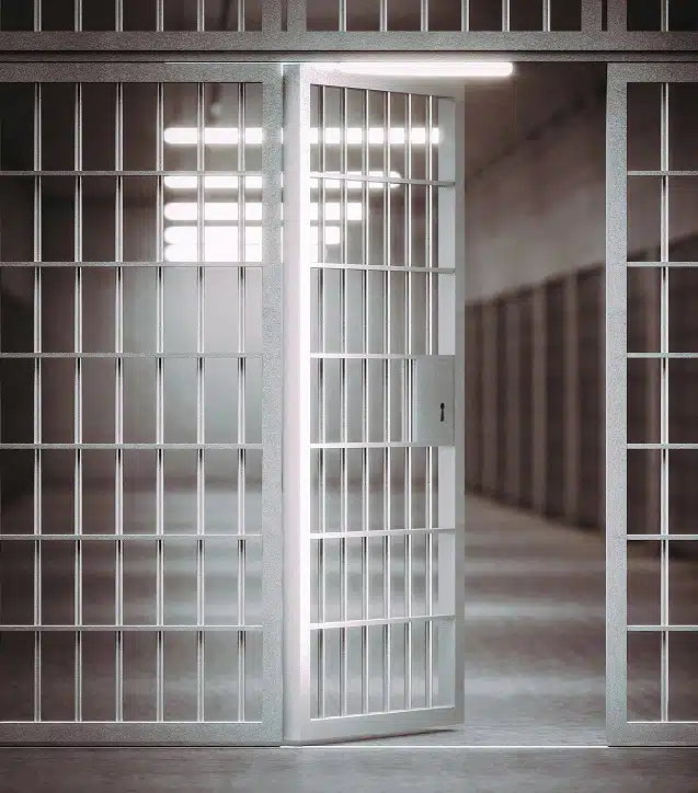 A metal jail cell door stands partially open in a dimly lit corridor lined with similar barred doors.