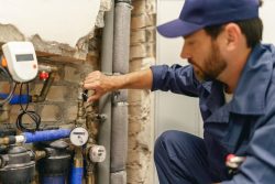 A plumber wearing a blue uniform adjusts a valve on a water meter system mounted on a brick wall, demonstrating essential Plumbing Maintenance Tips in action.