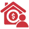 Red icon of a house with a dollar sign inside a circle, and a person silhouette in front, symbolizing home finances or mortgage.
