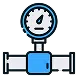 Icon of a blue and white gauge with a needle, mounted on a pipe section, representing pressure measurement or control,
