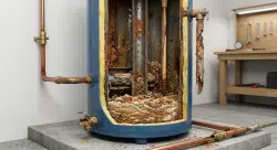 residential hot water heater revealing severe internal corrosion, rust buildup, mineral sediment accumulated at the bottom of the tank