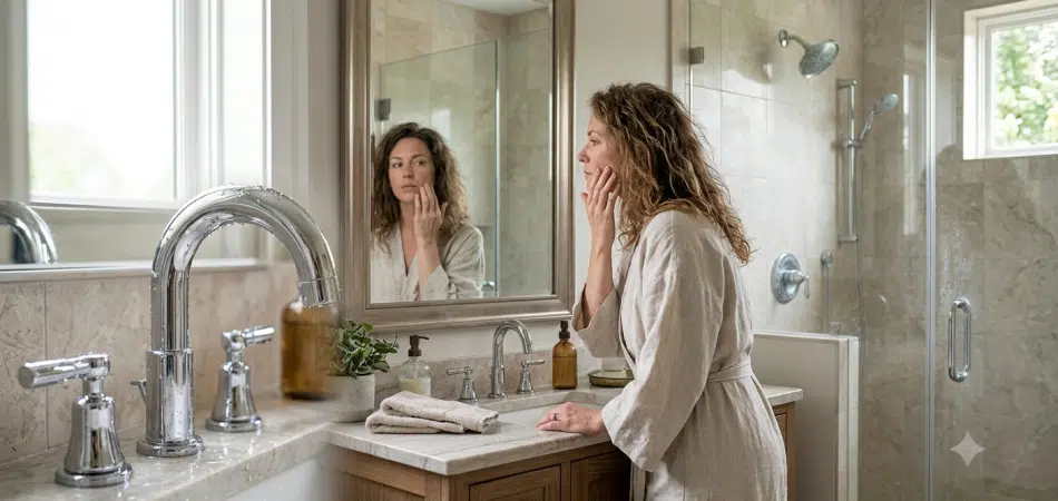 single adult examines dry, frizzy hair and lightly touches slightly dry skin while standing beside a vanity