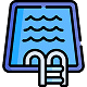 Icon of a swimming pool with blue water, black outline, and a ladder at the bottom.